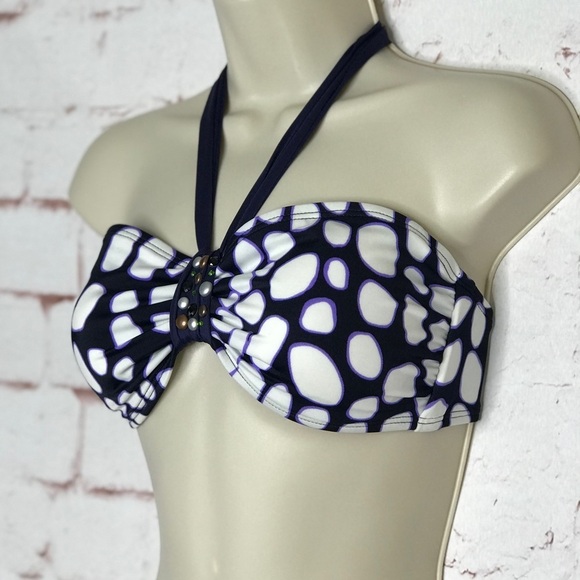 ST. JOHN Pebble Size 6 Bandeau & Halter Tie Embellished Swim Top Navy & White - Picture 7 of 15